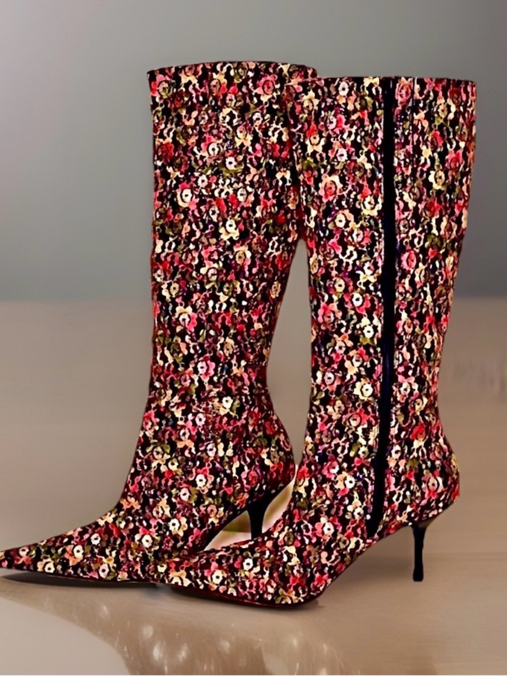 Leather & Lace Floral Knee High Heel Stiletto Boots Lavender Leather
Insoles 8M